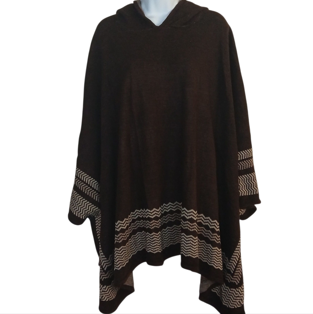 Hooded Knit Poncho Sweater in Brown OS NEW